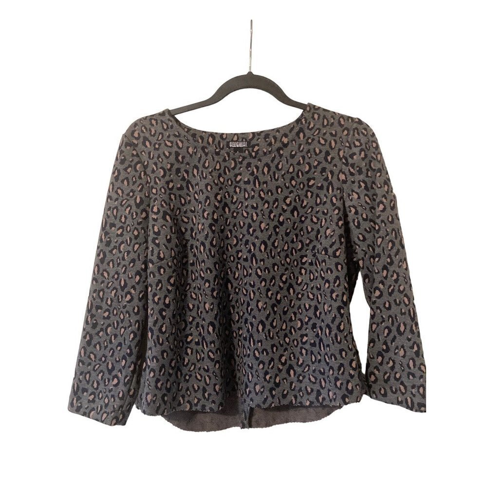 Nicole Miller Women's Large Shirt Knit Stretch Leopard Gray 3/4 Sleeve AS IS